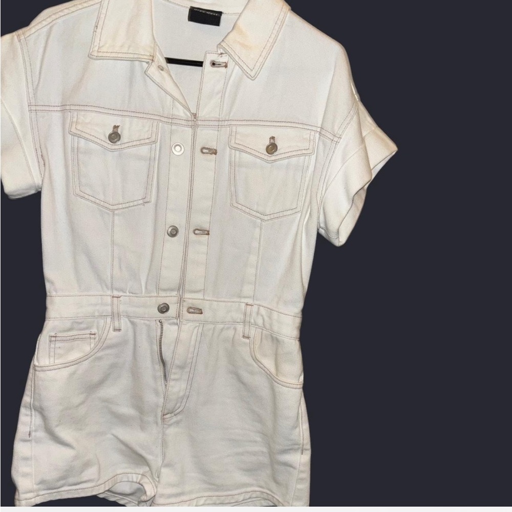 White Short Sleeve Denim Jumpsuit